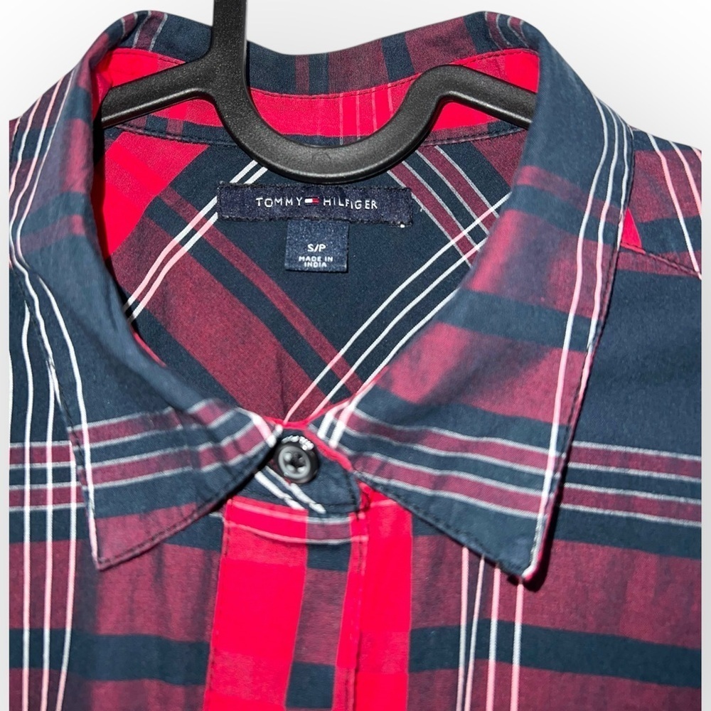 Tommy Hilfiger Red Navy Plaid Shirt mini collar Longsleeve cotton dress belt S - Picture 6 of 8